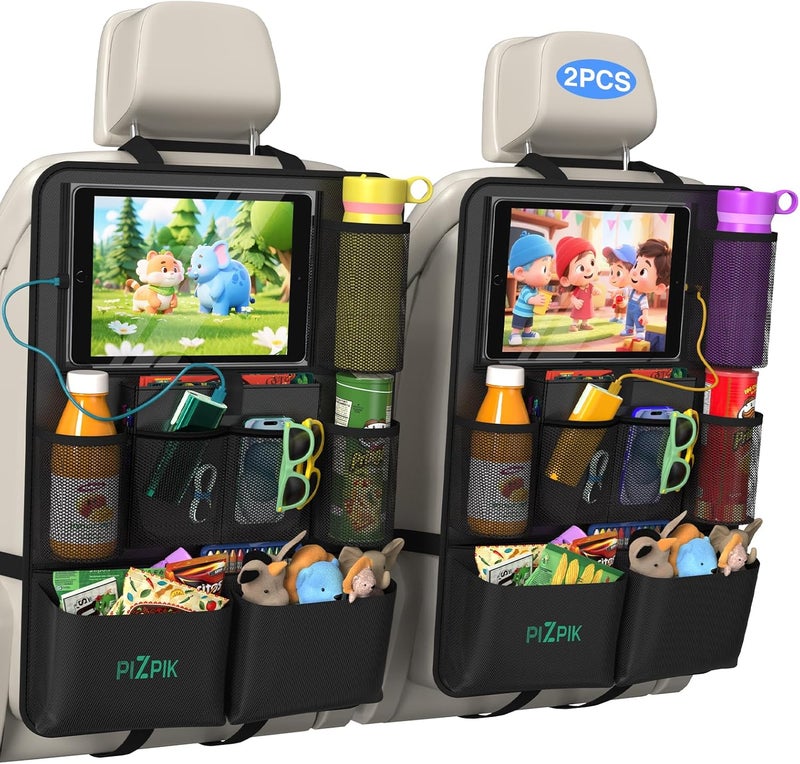 Plzpik Car Backseat Organizer with Tablet Holder,11 Storage Pockets with Foldable Food Tray, Protector Kick Mats for Kids, Travel Accessories Organizer (Black, 2-Pack) - Image 1